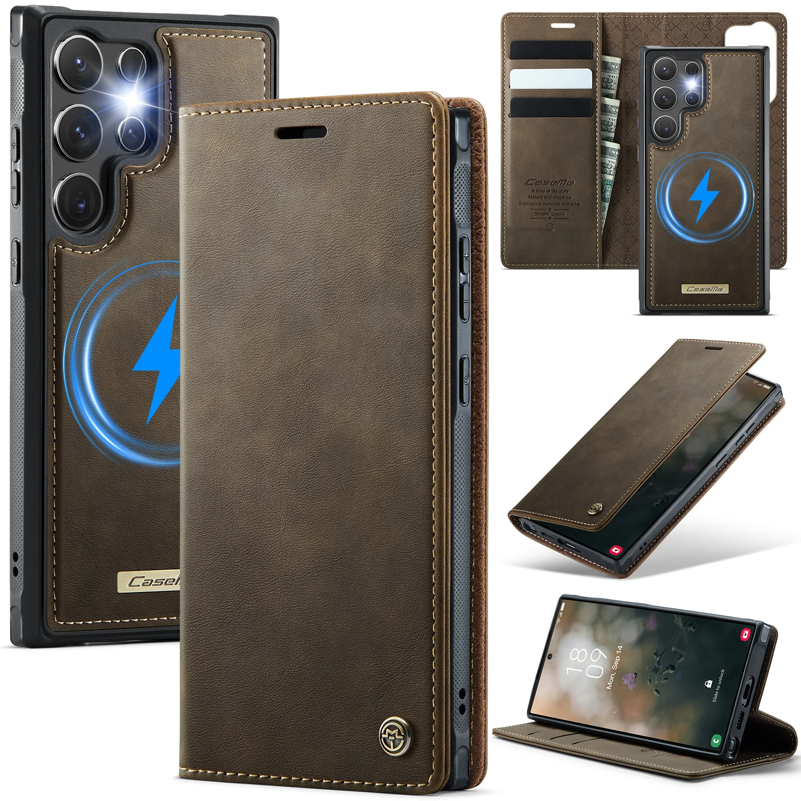 Wireless Charging Leather Wallet Phone Case with Magnetic Flip Cover