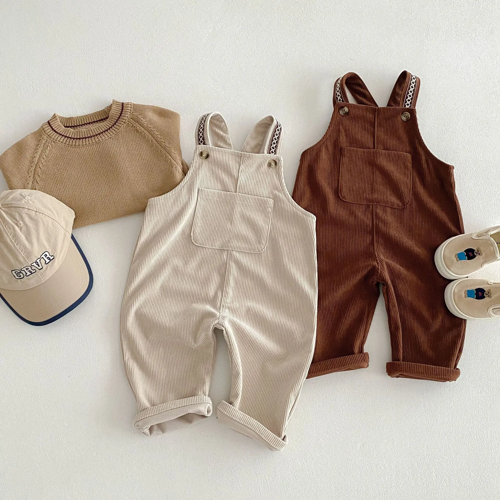 2025 Spring New Children Loose Corduroy Overalls Baby Girls Solid Casual Pants Boys Comfortable Strap Trousers Kids Clothes