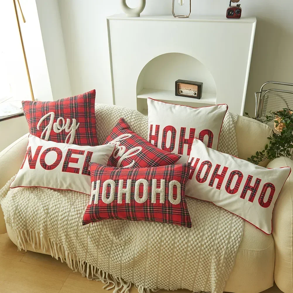 

Christmas Holiday Throw Pillow Case Cushion Cover Joy Embroidered Plaid Decoration Party Red Cushion Case for Home Couch Sofa