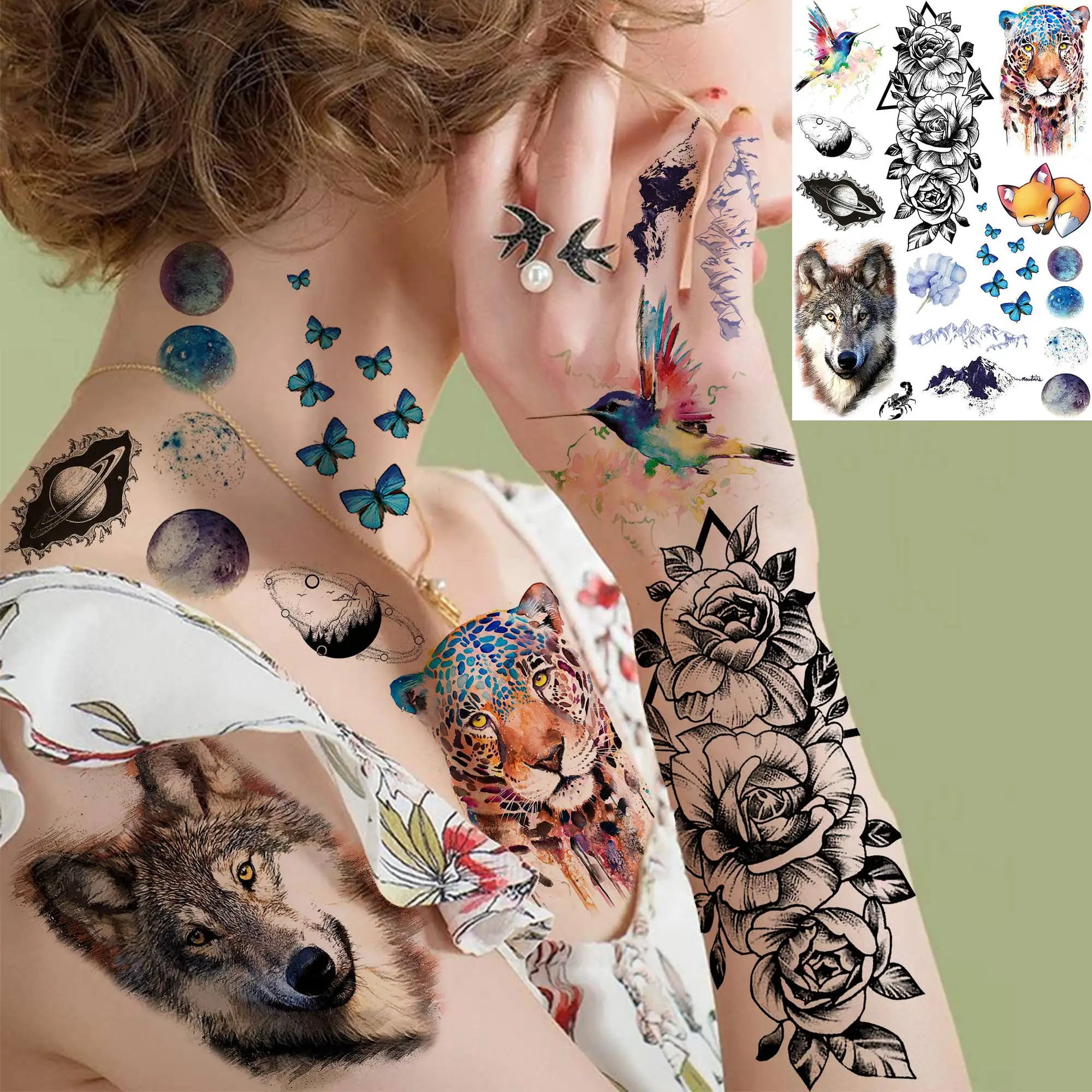 6 Sheets 3D Flower Animals Temporary Tattoos For Women Adults Long Lasting Tattoo Stickers Fake Astronaut Space Tattoos Flower