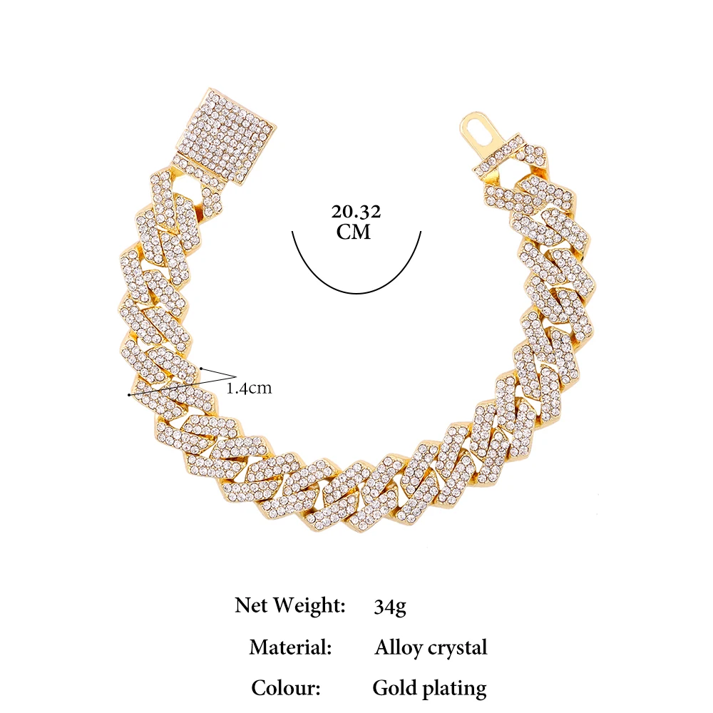 7/8/9inch 14MM Cuban Link Chain Bracelets Women Men Rhinestone Paved Prong Hip Hop Jewelry