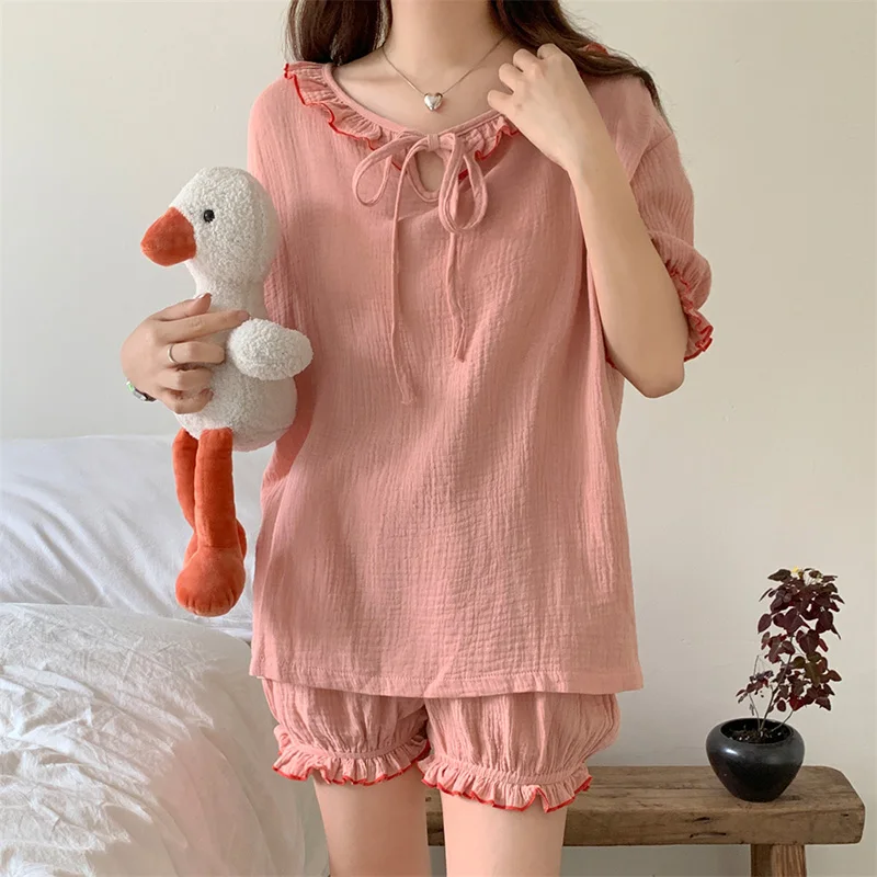Korean Style Soft Summer Solid Sleeveless NightDress Women Princess Simple Kawaii Girlish Style Short Sleeved Pajama Set Ins