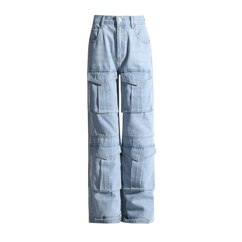 

SuperAen Autumn 2023 New Korean Style Fashion Design Stitching Pocket High Waist Jeans Women Long Wide Leg Pants