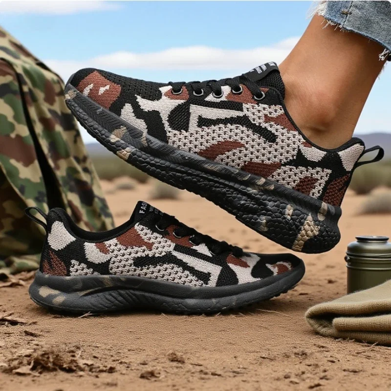 Women's Mesh Hiking Shoes Breathable Knit Fabric Lightweight Anti Slip Fashion Camo Sneakers Outdoor Camouflage Worker Shoes