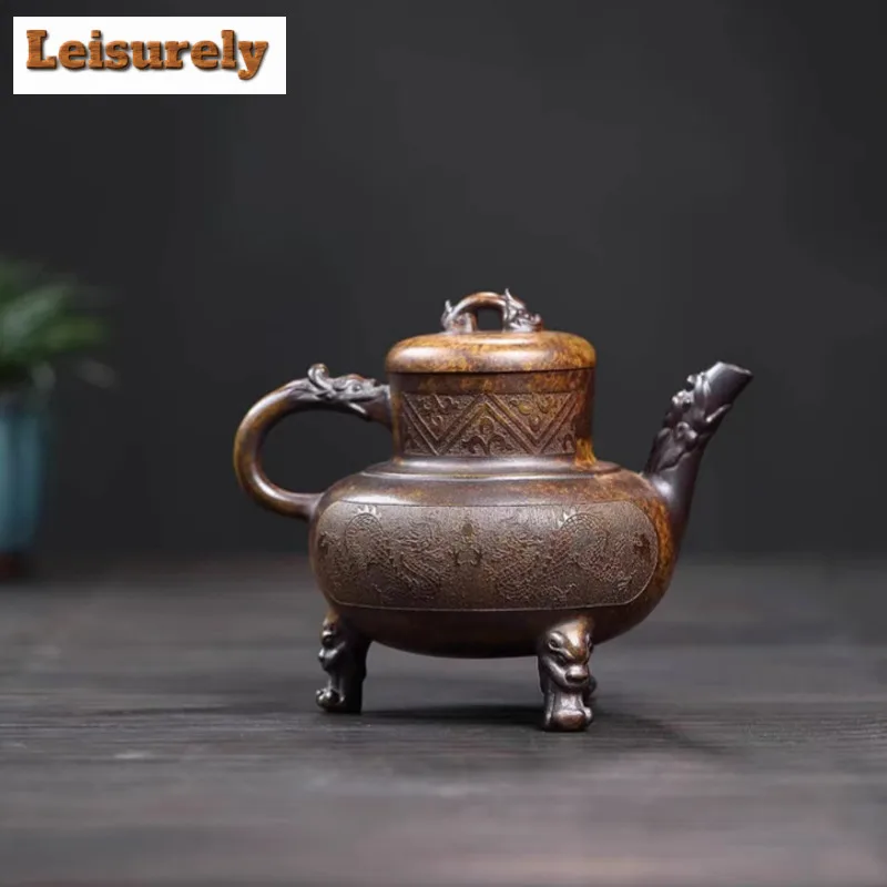 300ml Yixing Purple Clay Teapots Handmade Tripodia Furnace Tripod Pot Raw Ore Wood-fired Porcelain Mud Kettle Zisha Tea Set Gift