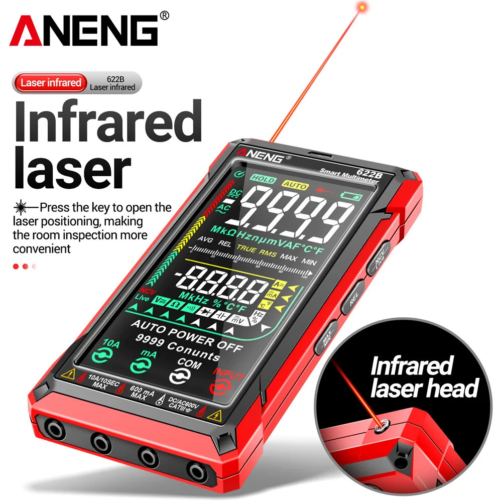 

ANENG 622B Digital Smart Multimeter With Laser Lamp Capacitance Ohm 10A Tester Meter Auto Range True RMS DC/AC 9999 Multitester
