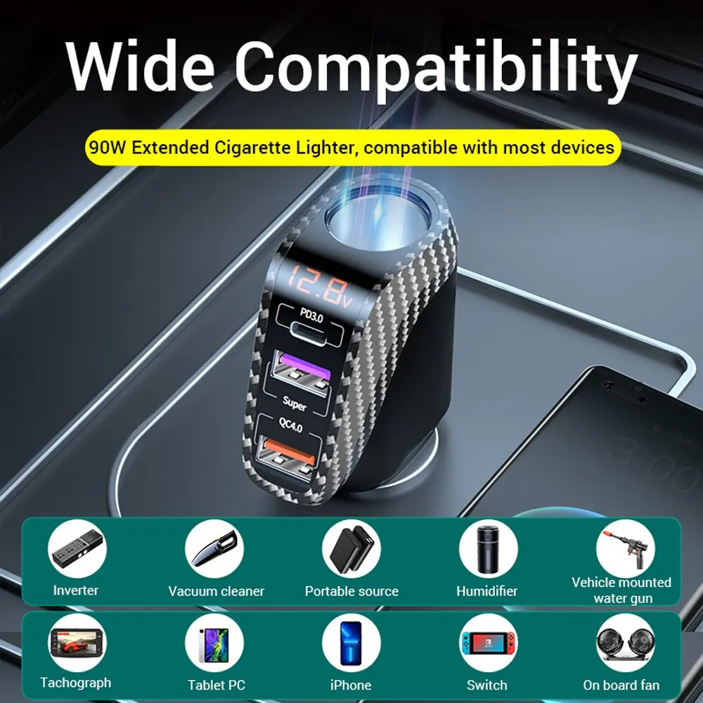 Car Charger Car Phone Charger ASOMETECH USB Car Charger 90W Cigarette Lighter Expansion Port PD SCP FCP Quick Charge For iPhone Samsung Huawei