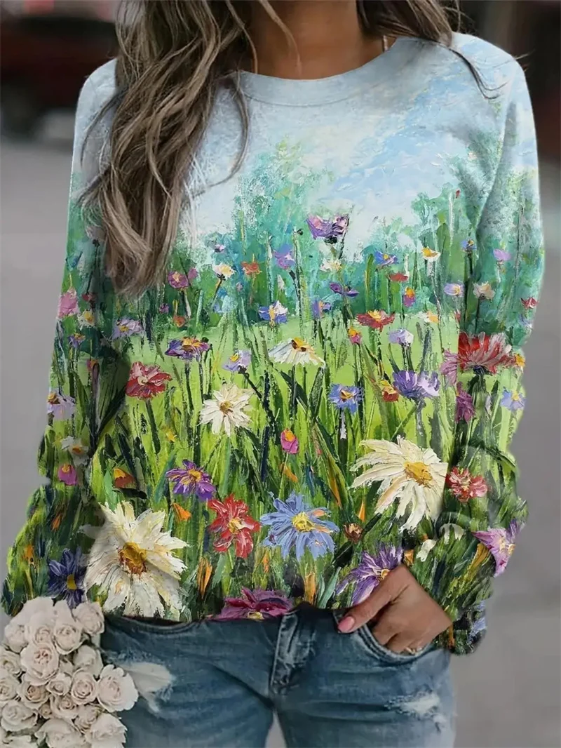 thumbnail image 1 of Nueva camiseta de manga larga con estampado gráfico de pintura al óleo para mujer, camiseta larga de calle con cuello redondo, camiseta holgada Y2k, 1 of 5