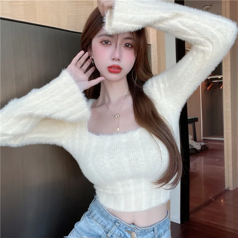 가을 겨울 뜨개질 자르기 탑 여성 스키니 스웨터 하단 셔츠 패션 여성 긴 소매 풀오버 캐주얼 니트 스웨터