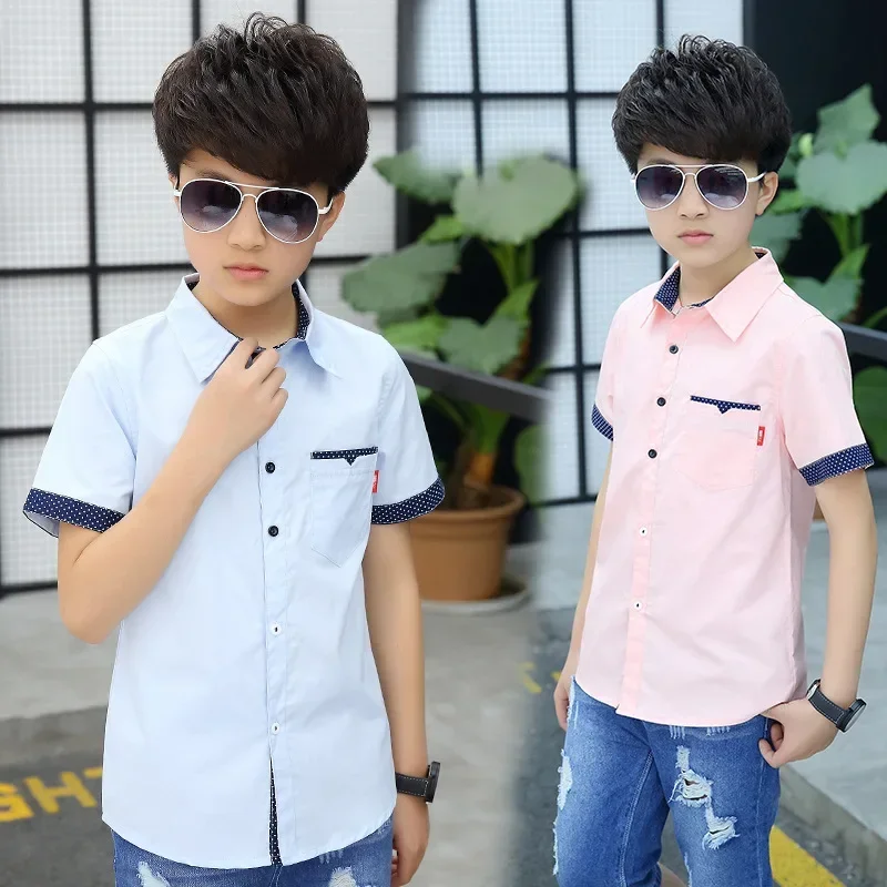 Age 4-13 Years Summer Toddler Teenage Dot School Boy Clothing Kids Boys Shirts Children Short Sleeve Clothes Tops boys short sleeve shirts