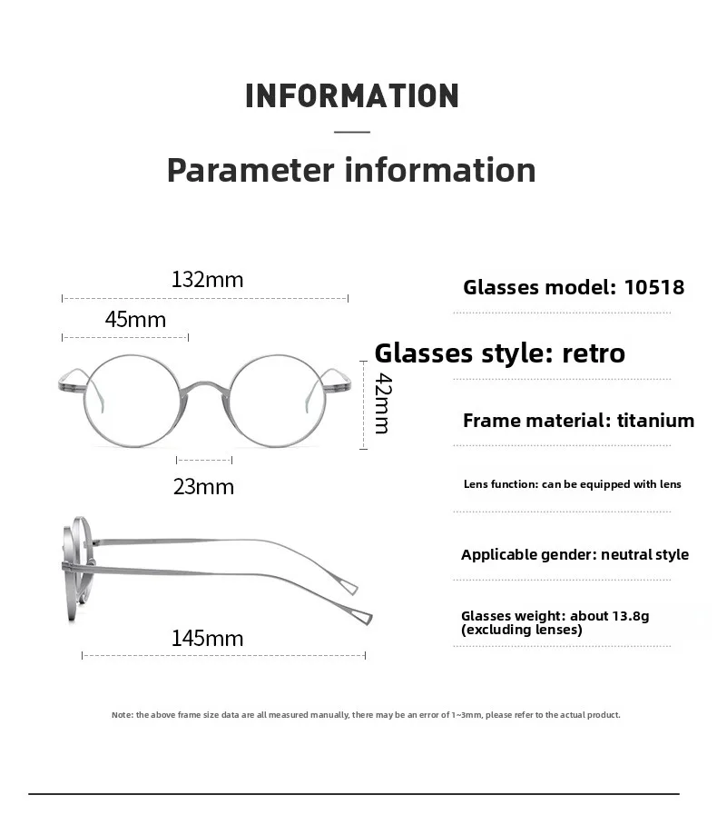 Japanische minimalistische Brille, Halbtitan-Rundrahmen mit Federlicht und Blaulichtfilterung, Retro-Vollrand-Design – Detail 10