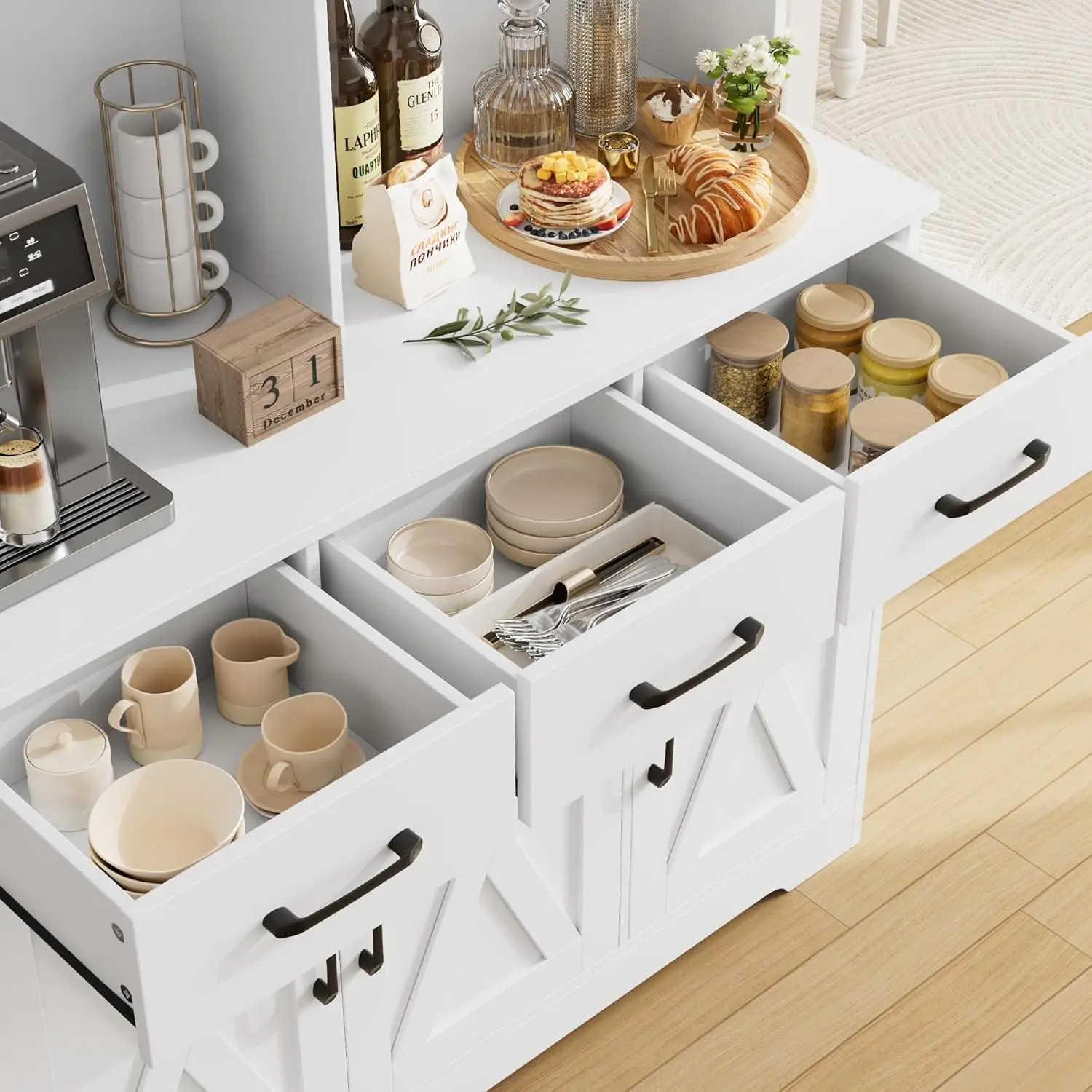 Buffet Cabinet with Hutch Modern Farmhouse Kitchen Buffet Sideboard Storage Cabinet with 3 Drawers Barn Door Coffee Ba HOSTACK