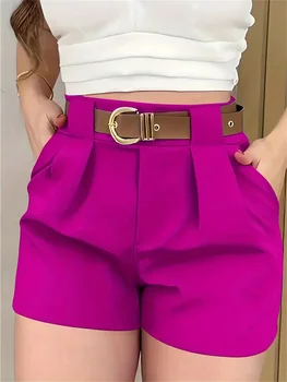 Women Fashion High Waist Shorts Summer Solid Color Pocket Belt Short Pant Elegant Office Lady Clothes Female Casual Street Pants 2