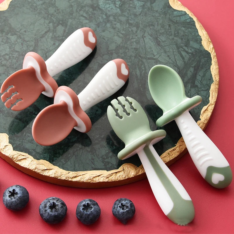 2Pcs/Set Baby Silicone Spoon Fork Cutlery Set Feeding Tableware Learn Spoon Set Short Easy silicone feeding spoon,silicone cutlery set,learning spoons,fork spoon set,baby cutlery