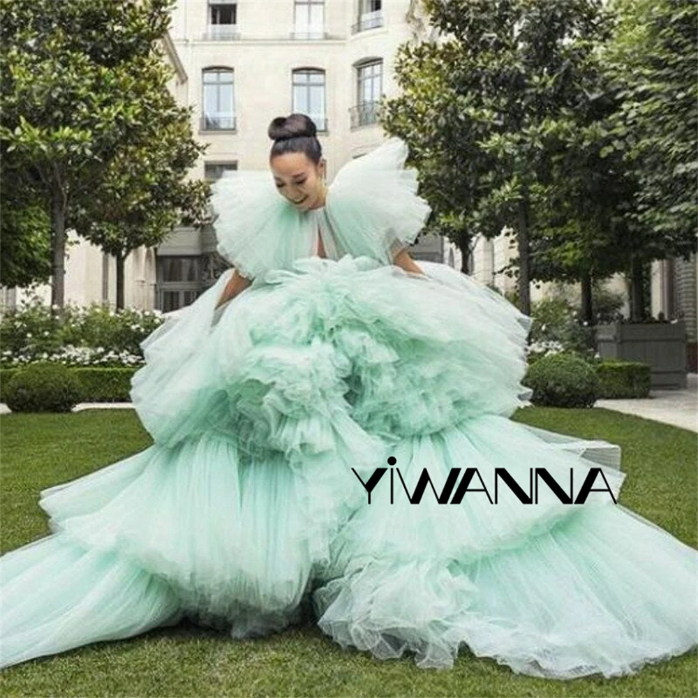 

Mint Green Tulle Tiered Prom Dresses Summer Puffy Ruffles Cap Sleeves Evening Gowns Girls Celebrity Pageant Gowns