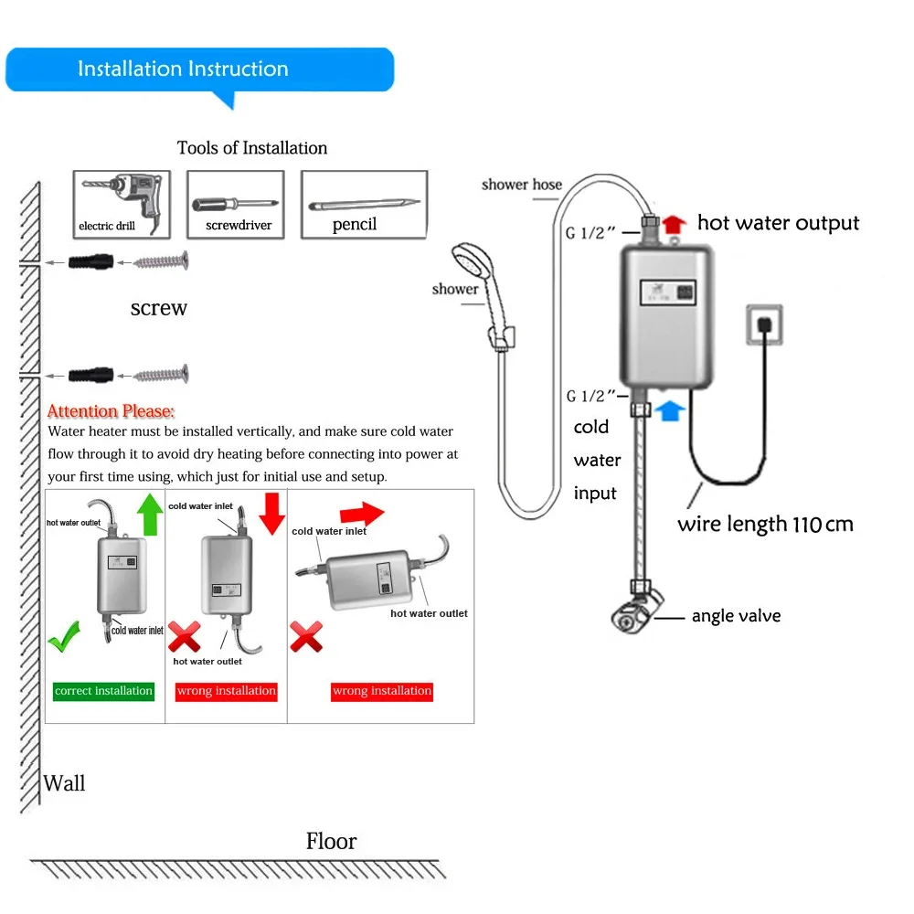 3800W Electric Water Heater Instantaneous Hot Shower Flow Fast Heating Kitchen Bathroom Stainless Steel Tankless Water Heater