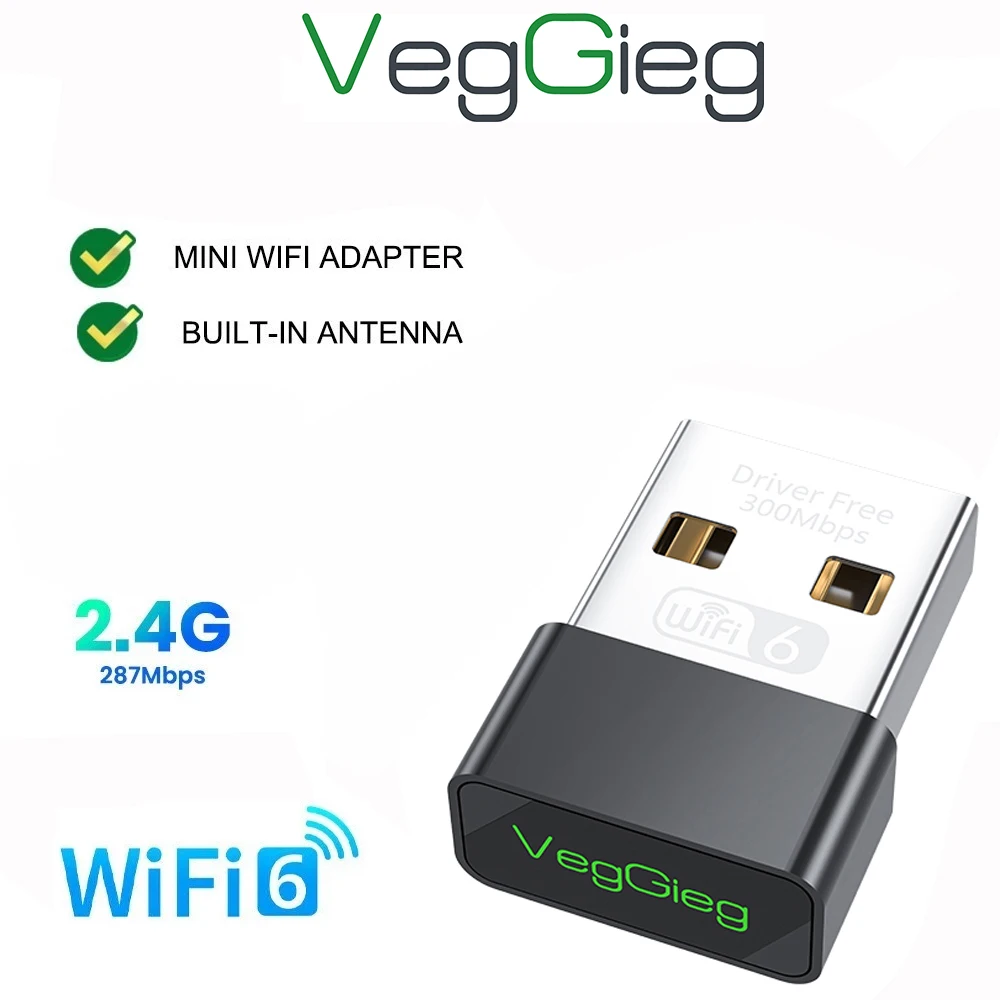 VegGieg Mini USB WiFi 6 מתאם 300Mbps 2.4GHz כרטיס רשת אלחוטי ללא דרייבר למחשב נייד