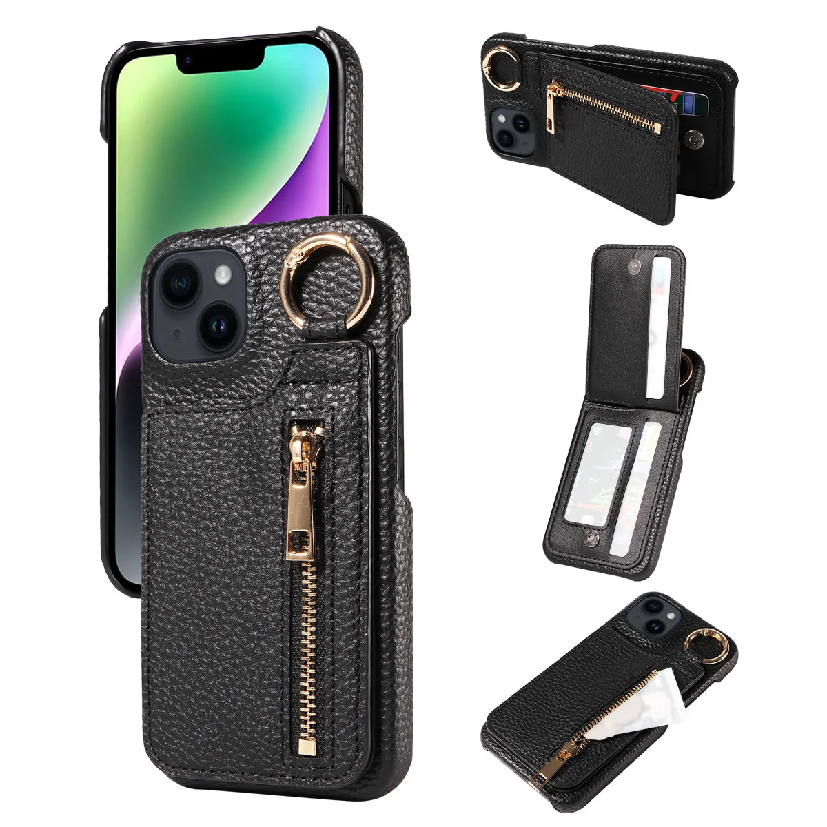 Premium PU Leather Phone Case with Magnetic Card Holder and Ring Stand