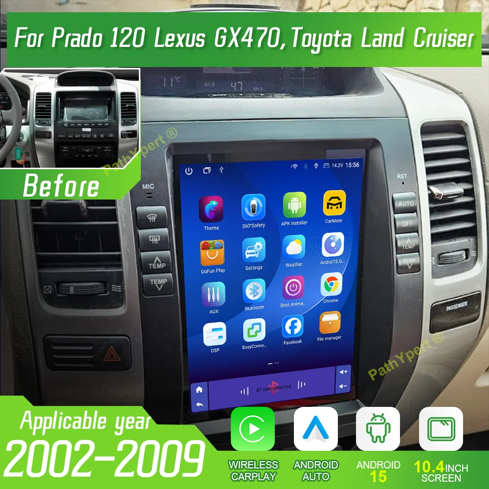 Reproductor multimedia con Android 15 de 10,4 pulgadas y Bluetooth 4G para Prado 120, Lexus GX470 y Toyota Land Cruiser (2002-20 1