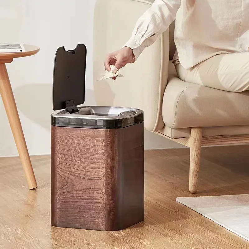 

Creative and intelligent induction wooden trash can household automatic electric large trash can with cover