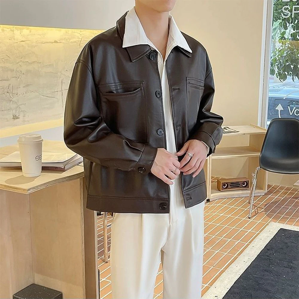 Giacca in pelle da uomo autunno moda Y2k tendenza tinta unita risvolto casual corta giacca da motociclista in pelle da strada americana da uomo 6
