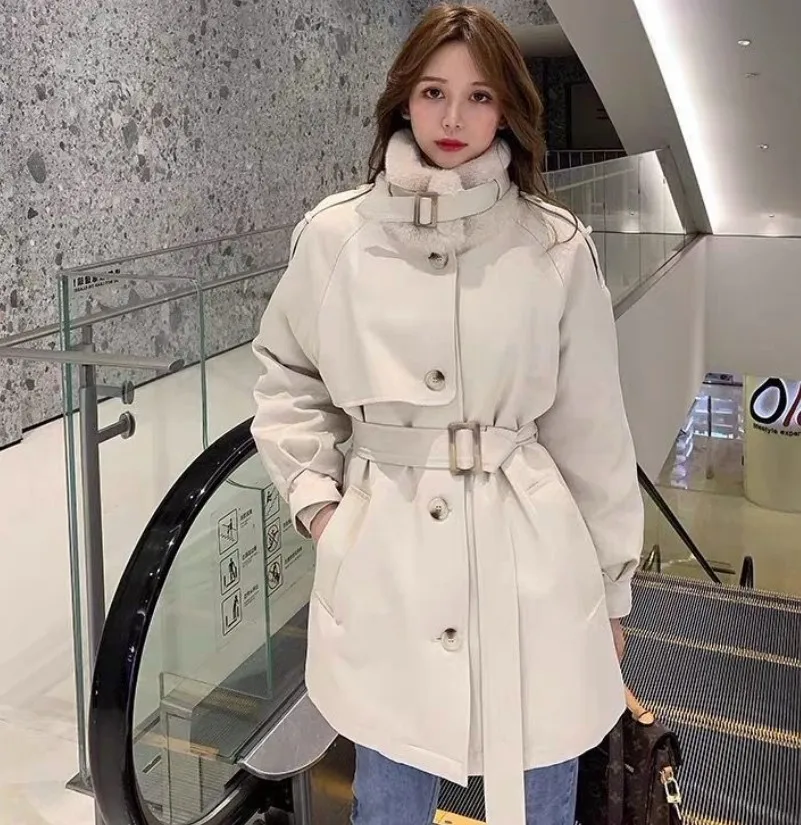 

2022 Winter Long Trench Coat Women Single Breasted Fleece Warm Fur belt Parka Coats Female Outwear Fashion Windbreaker