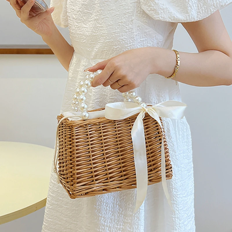 High Quality Handmade Rattan Woven Bag Handbag Pearl Handle Design Women Hollow Out Beach Bag Summer Vacation Female Straw Bag