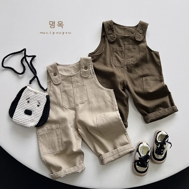 

2024 Korean Autumn Children Boy Strappy Pant Cotton Sides Pocket Toddler Boy Cargo Pants Solid Versatile Baby Boy Wide Leg Pants