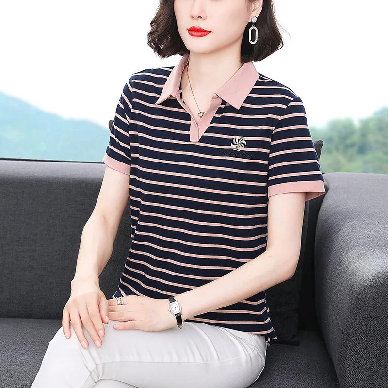 

Striped Short-sleeved T-shirt Women's Summer Cotton Lapel Loose Large Size Elegant Women's Clothing