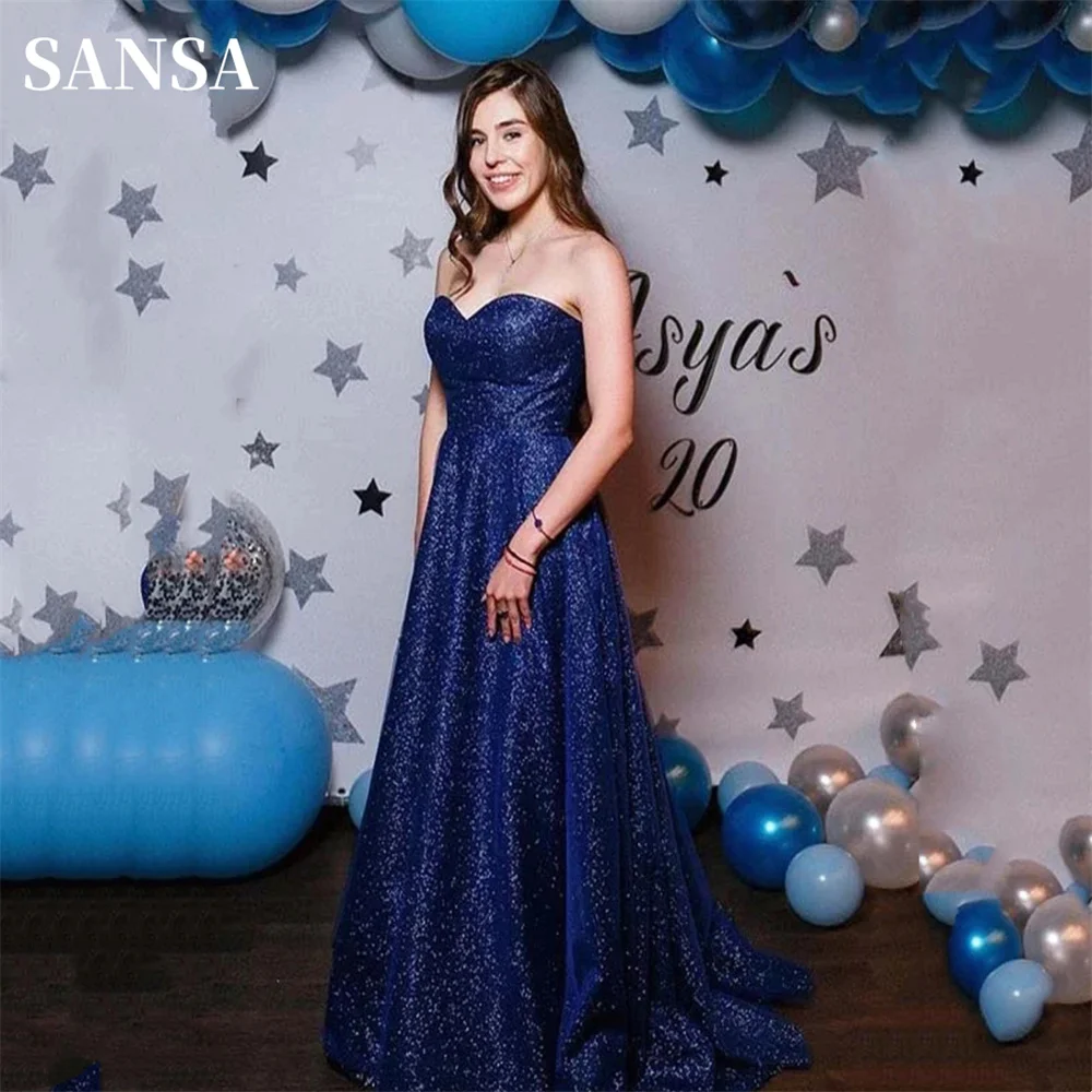 

Sansa Navy Blue Shiny فساتين السهرة Gliiter Sweetheart Vestidos De Noche Shiny Sapphire Blue A-line Prom Dress فساتين سهره فاخره