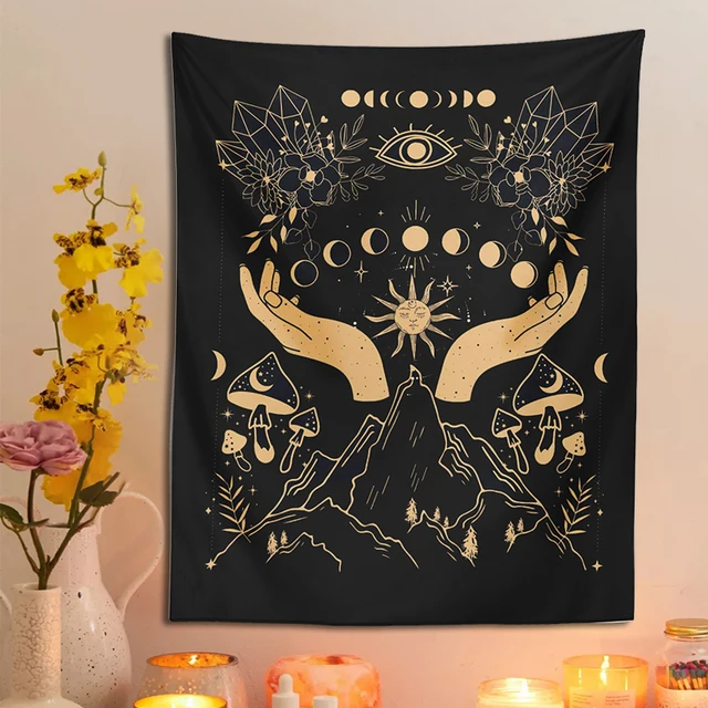 Varázslatos Gombák Gobelin Fal Lógó Holdfázis Magic Hands Hippie Eye Boszorkány Hálószoba Nappali Fali Szőnyeg Otthoni Dekoráció - Image 2