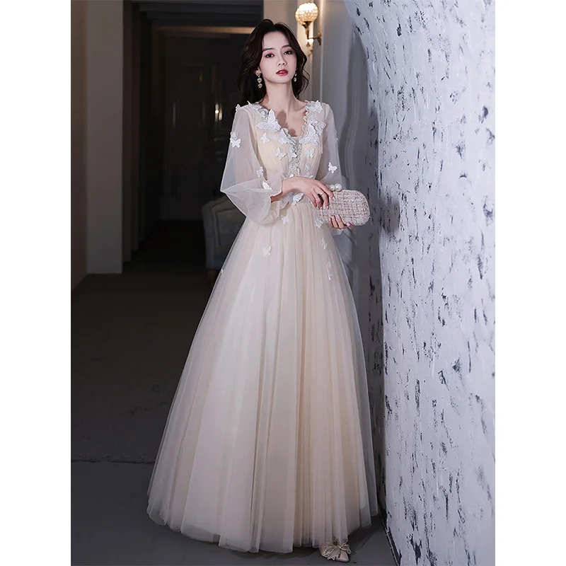 

Sexy Butterfly Applique Lantern Sleeve Back Bandage A-Line Evening Gowns Oriental Party Banquet Female Stage Dresses Cheongsam