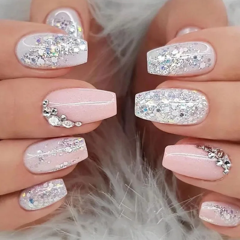 

24 Pcs Rhinestone Silver Glitter Wearing Fake Nail Patch Pink White Contrast Nail Patch Removable Nail Patch For Lovely Girl