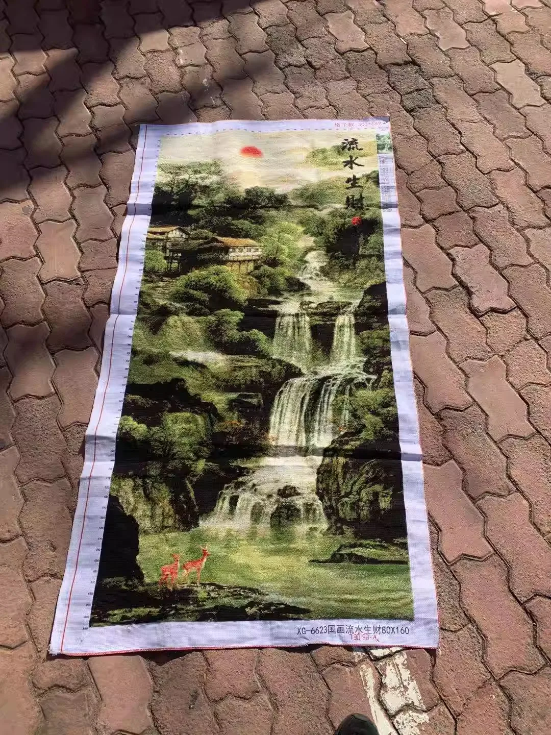 순수 수제 크로스 스티치 완제품, 흐르는 물, 부, 수직 버전, 거실 풍경 그림, 생성