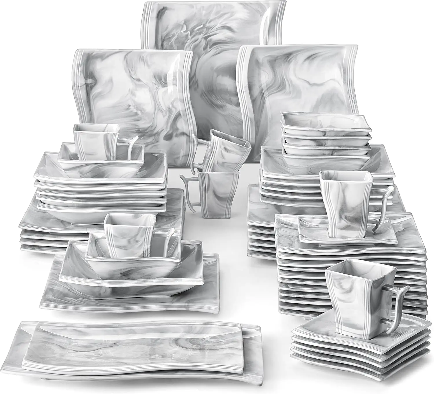 Plates and Bowls Sets 56 Piece Porcelain Dinnerware Sets Modern Square Dish Set with Dinner Plates and Bowls Serving Platters
