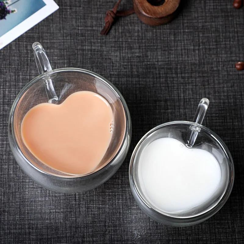 

2022 New creative tea coffee mugs high borosilicate milk coffee juice with handle heart-shaped glass double-layer cup cute mug