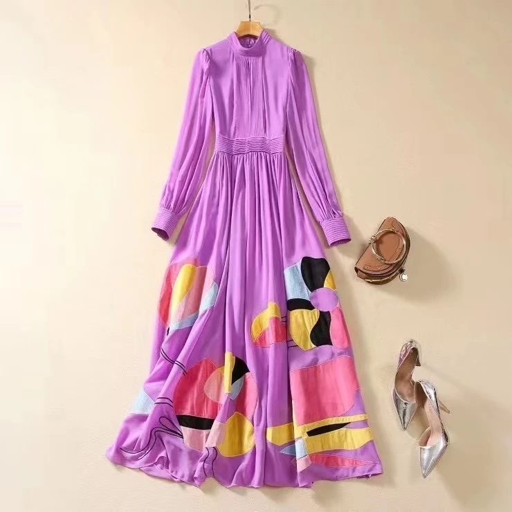 

European and American women's clothing 2023 autumn new Long sleeve applique embroidery Stand collar Fashion pleated purple dress