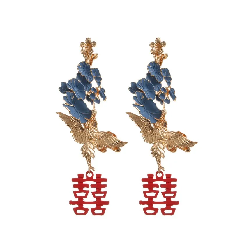 Chinese Style Crane Lotus Leaf Alloy Red Character Xi Happy Lucky Stud Earrings for Women Party Bridal Wedding Gift Accessories