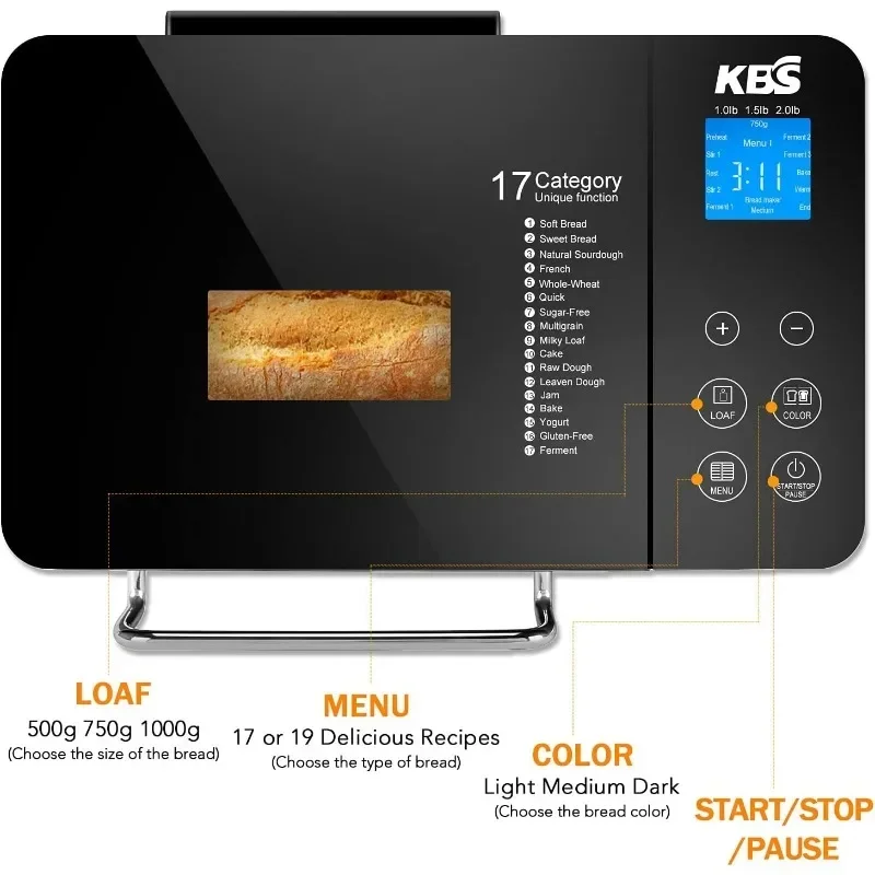 KBS Pro Stainless Steel Bread Machine, 2LB 17-in-1 Programmable XL Bread Maker with Fruit Nut Dispenser 2