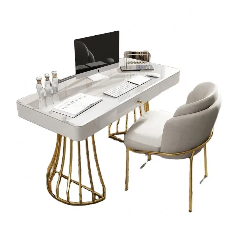 Wholesale Cheap Fashion Office Furniture Light Luxury Office Table Chair Set Metal Writing Desk Glass Computer Desk