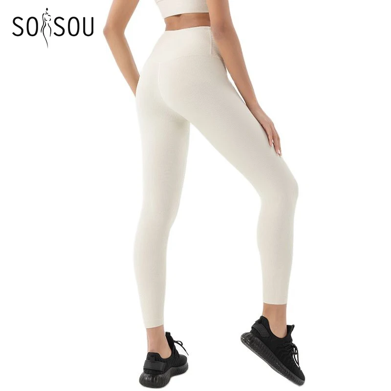 

SOISOU Rib Fabrics Leggings Women's Pants Gym Yoga Fitness Sport Pants Workout Tights High Waist Elastic Breathable 7 Colors