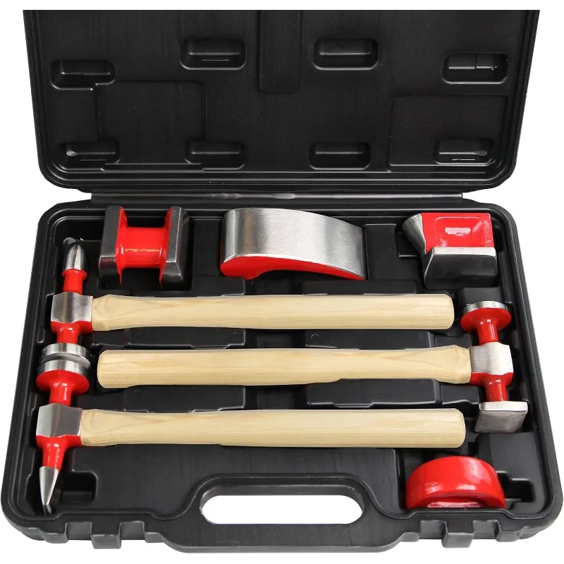 7 Piece Auto Body Repair Tool Hammer Dolly Set, Car Body Repair Tool Kit with Carrying Case, Hickory Handles