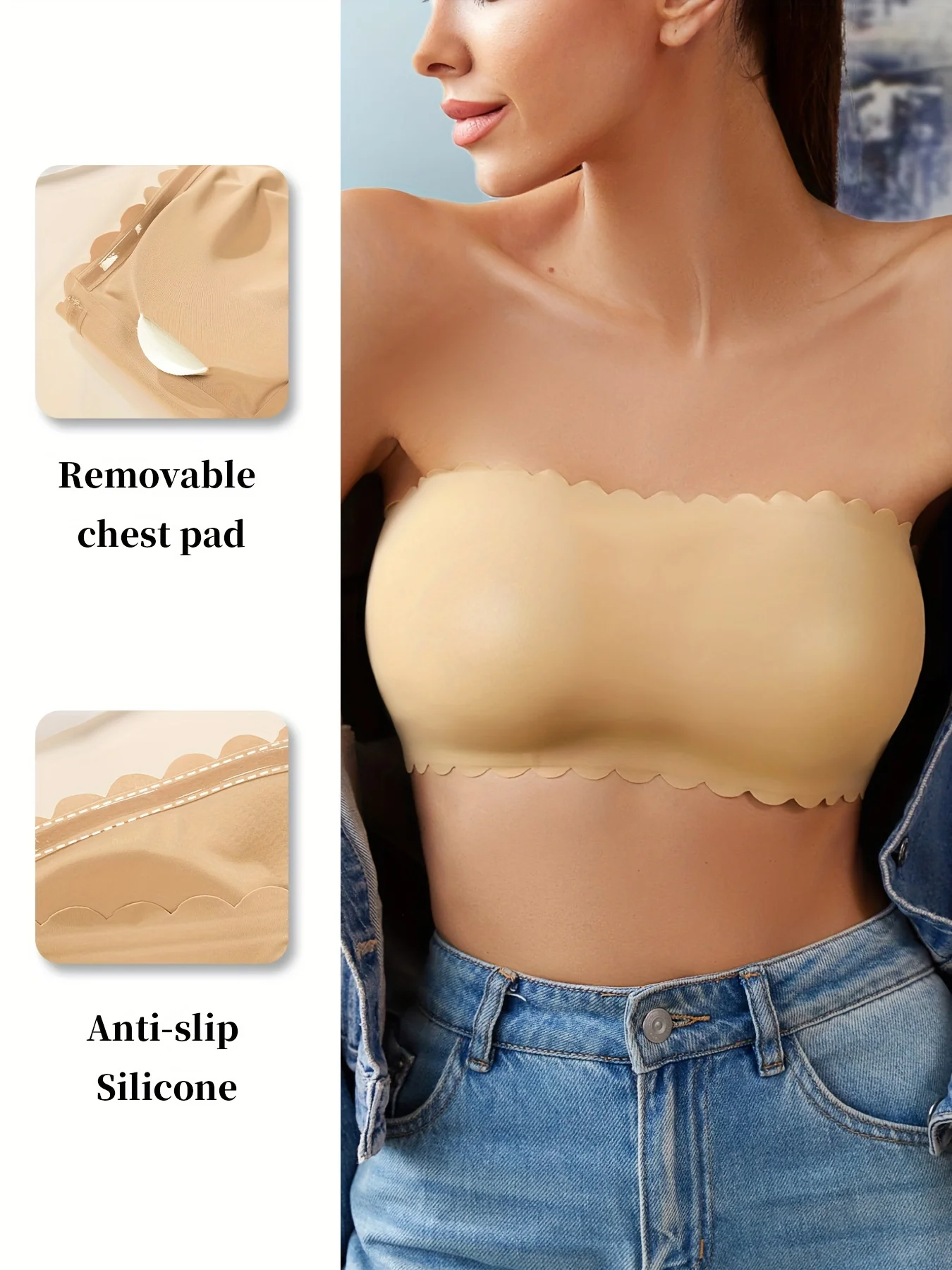 Hot Sale New Design Effective Slip-proof Scallop Side One Piece Bralette Padded Ice Silk Seamless Strapless Bra For Women 3