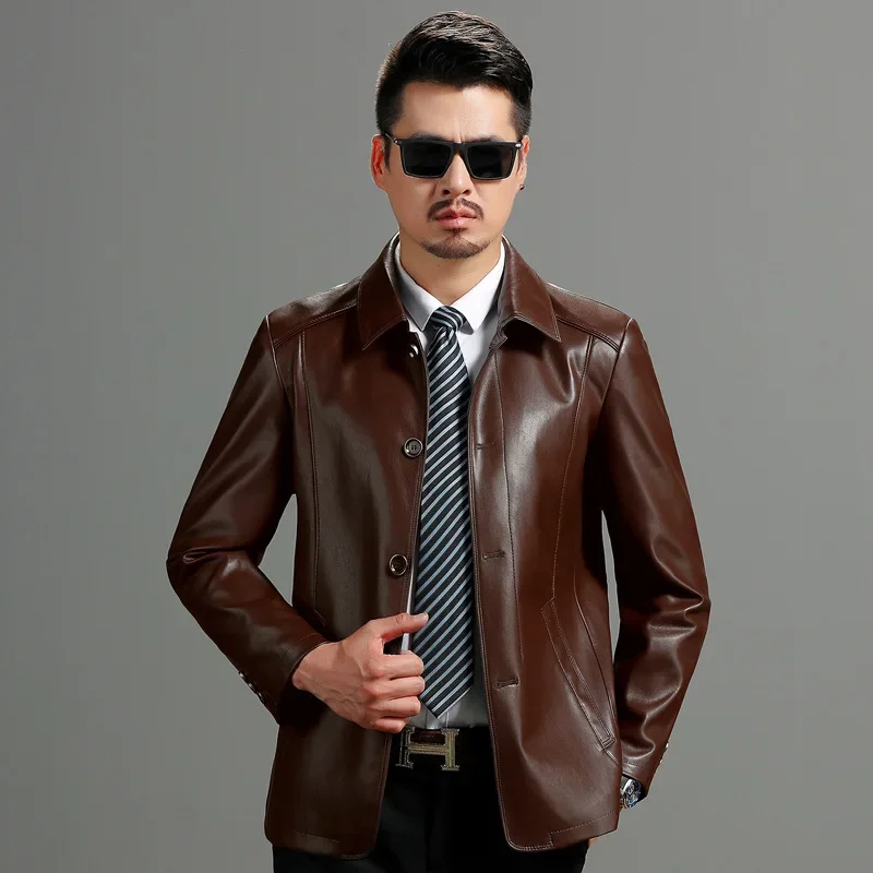 Men's New Genuine Leather Jacket with a Lapel and Short Leather Jacket Plush and Thick Coat for Middle-aged and Elderly People - Image 5