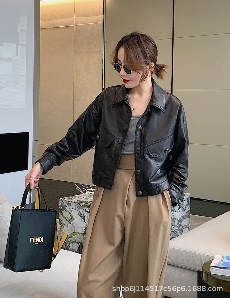 Haining genuine leather jacket for women's 2024 new short style sheepskin temperament Korean version motorcycle spring and