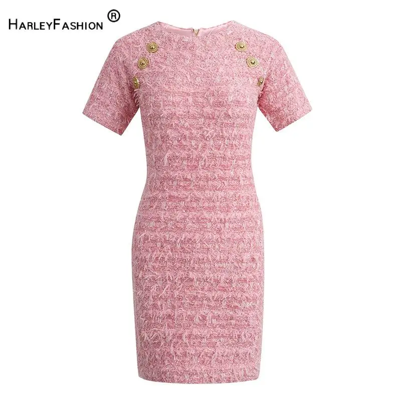 

2024 Newest Spring Summer Lady Elegant Style Pink Short Sleeve O-neckline Women Slim Fitted Knit Mini Tassel Dress