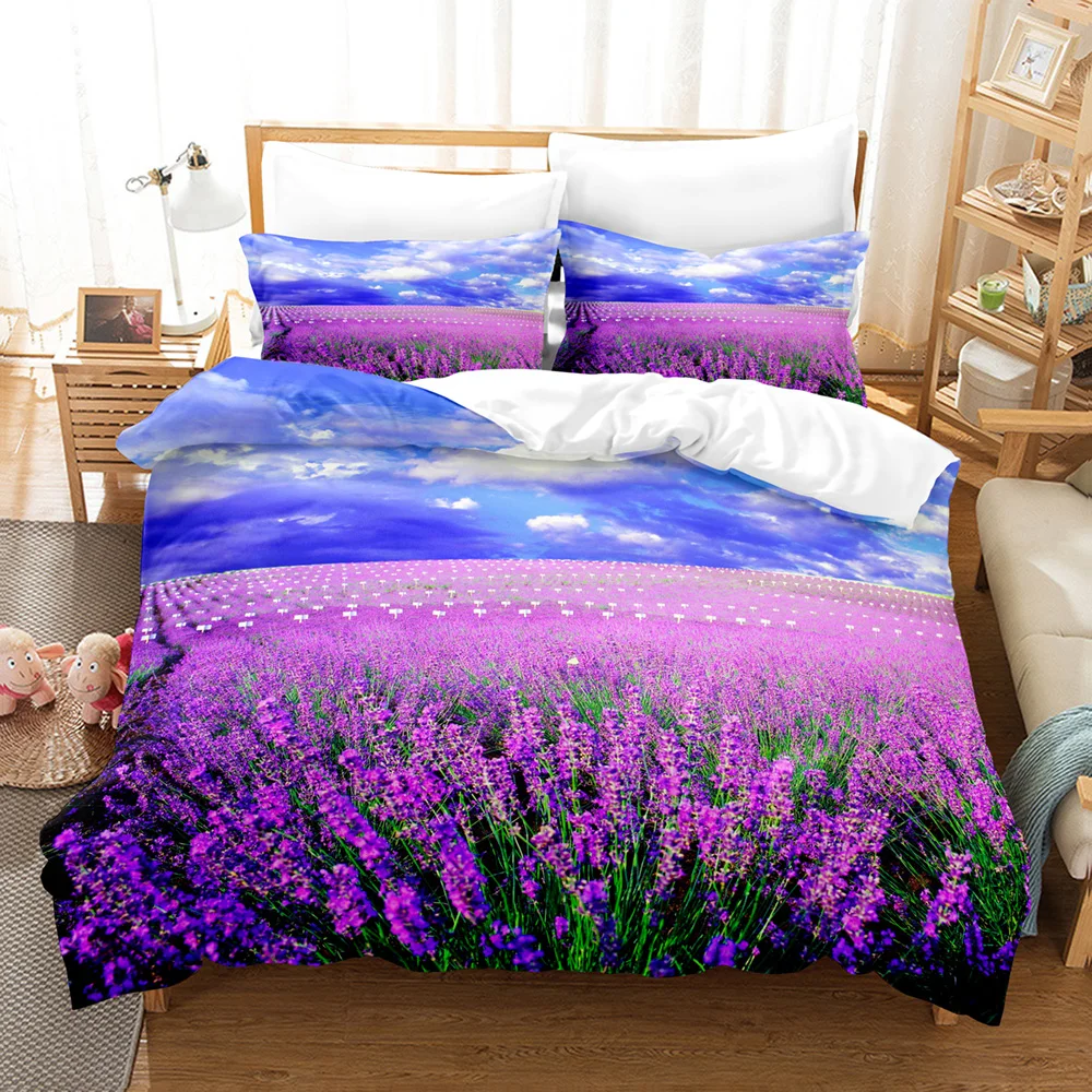PurpleLavenderBeddingSetPastoralFlowersDuvetCoverPolyester