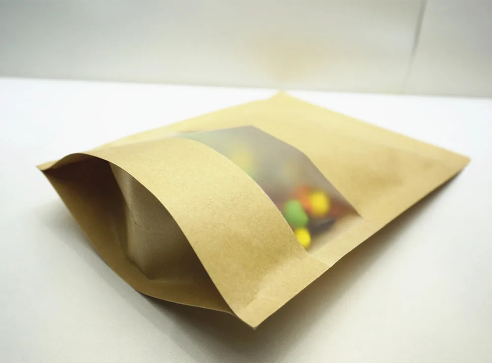 100 Stück Braune Standbeutel aus Kraftpapier mit Reißverschluss und Mattem Klarsichtfenster, Selbstversiegelnde Wiederverschließbare Beutel für Aufbewahrung und Verpackung – Detail 8