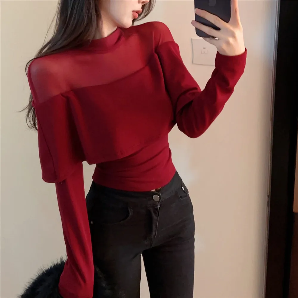 

Black Red Turtleneck Mesh T Shirt Women Perspective Sexy Tight Tops Femme Long Sleeve Spliced Ruffles Elegant Tee Shirt Ladies