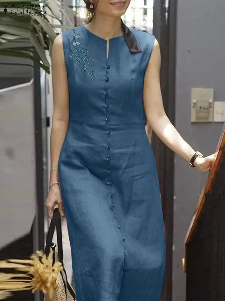 

Elegant Women Summer Sleeveless Mid-calf Dress ZANZEA 2024 Vintage Casual Cotton Vestido Robe Embroidery Floral Party Sundress